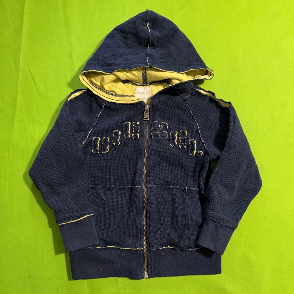 Diesel Kids Navy Waffle Knit Zip Up Hoodie Distressed Yellow Lining Size 4